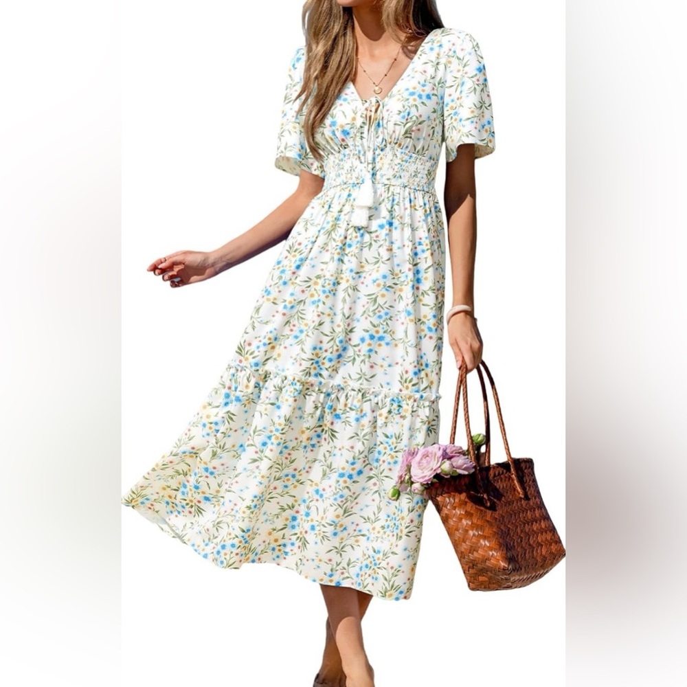 CUPSHE White Floral Maxi Dress with Blue & Green Print NWT XL